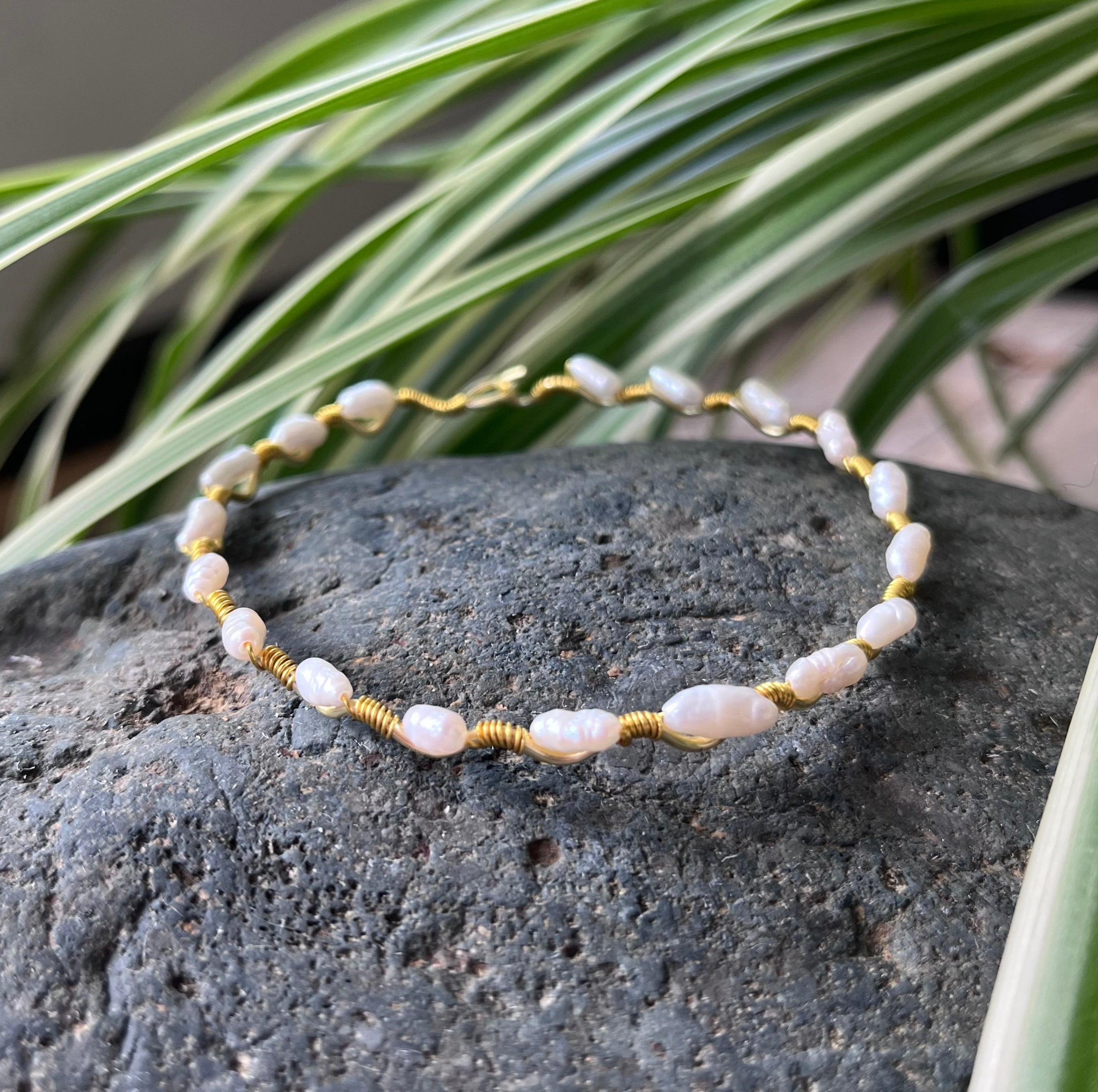 Handmade Gold Wire Pearl Bangle