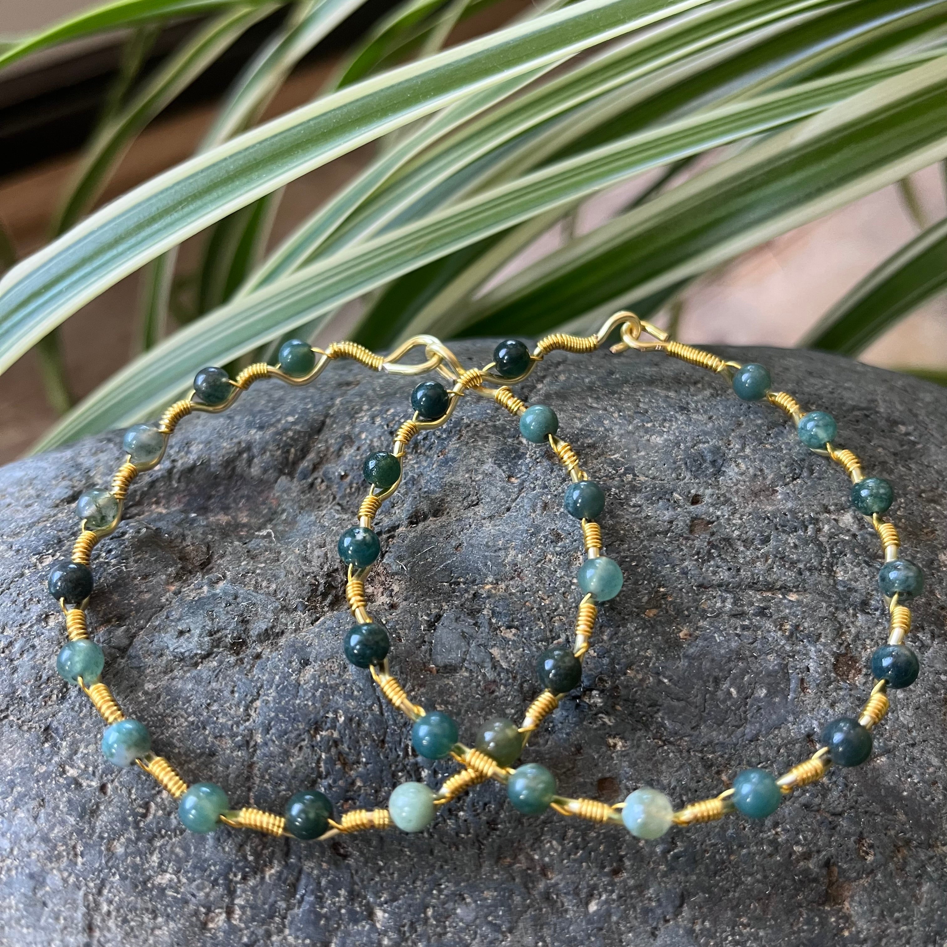 Handmade Gold Wire Green Moss Agate Bangle