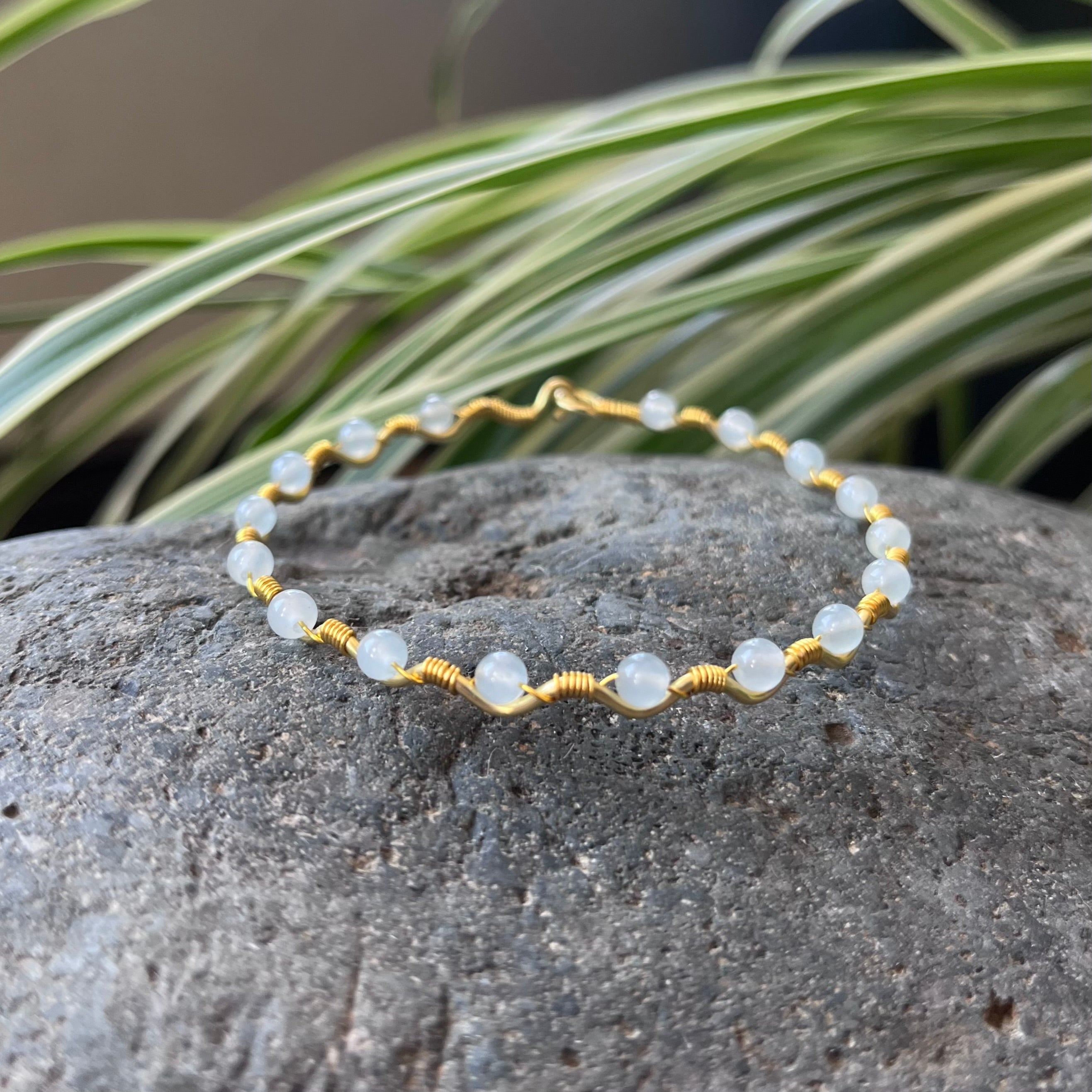 Handmade Gold Wire Grey Blue Jade Bangle