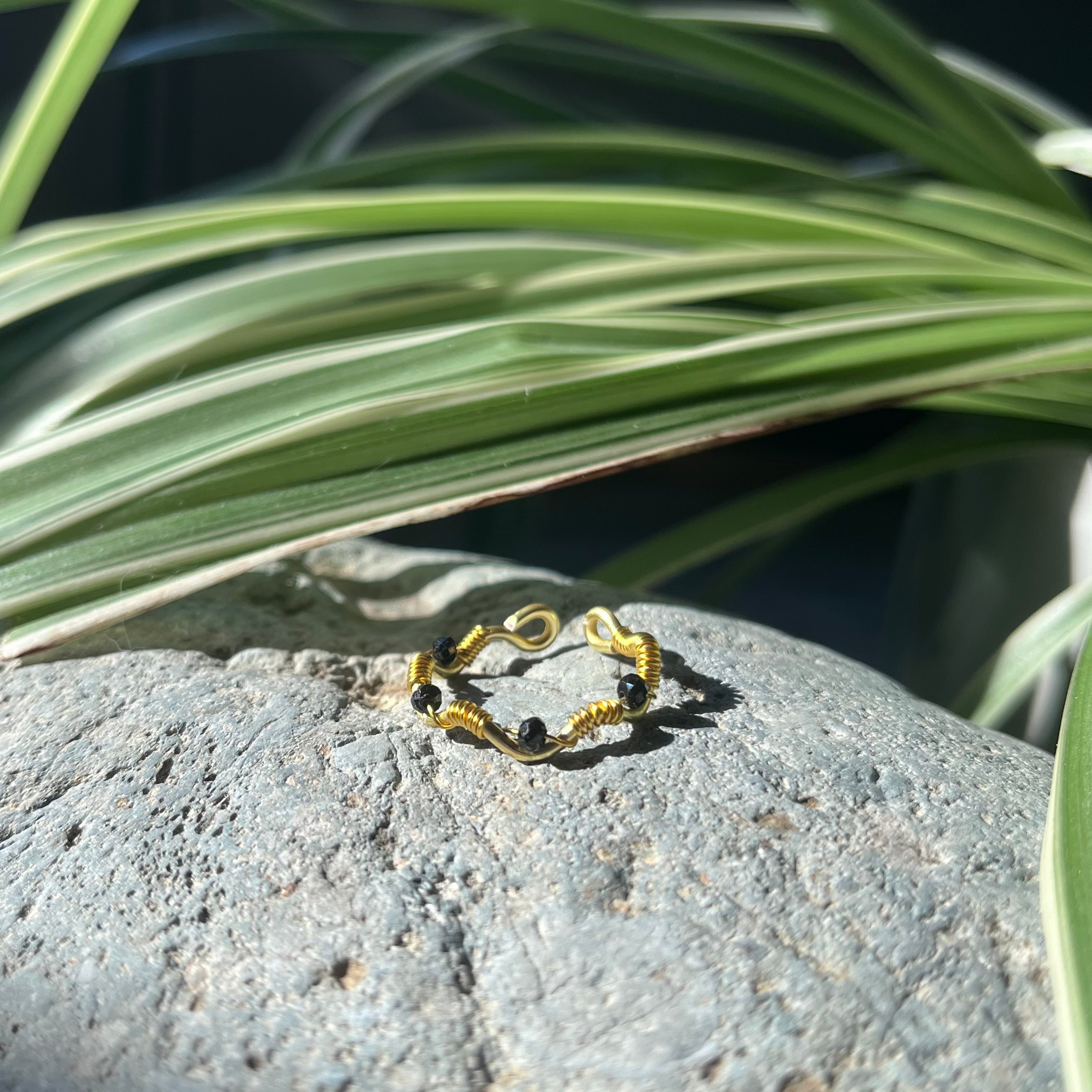 Handmade Gold Wire Black Tourmaline Adjustable Ring