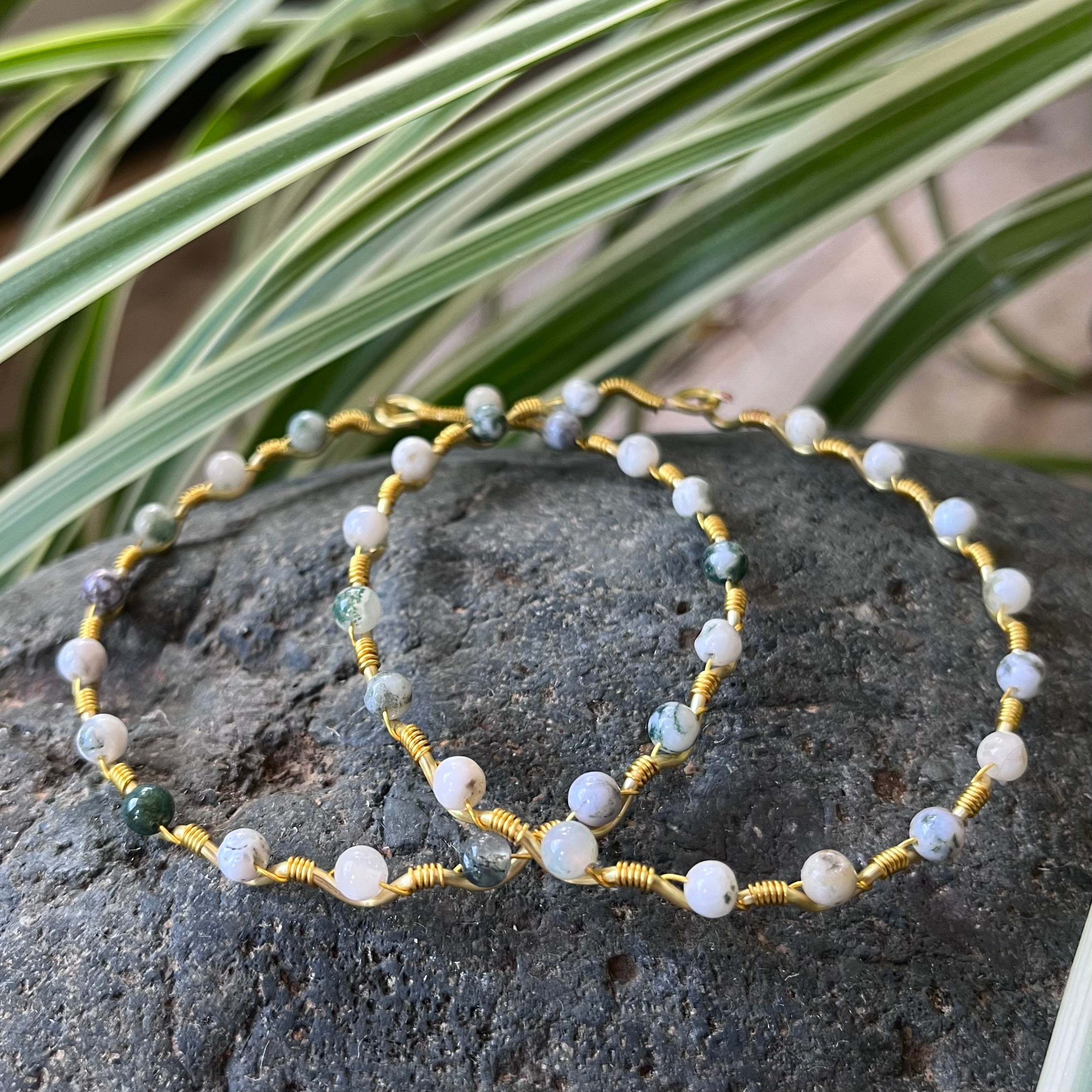 Handmade Gold Wire Moss Agate Bangle