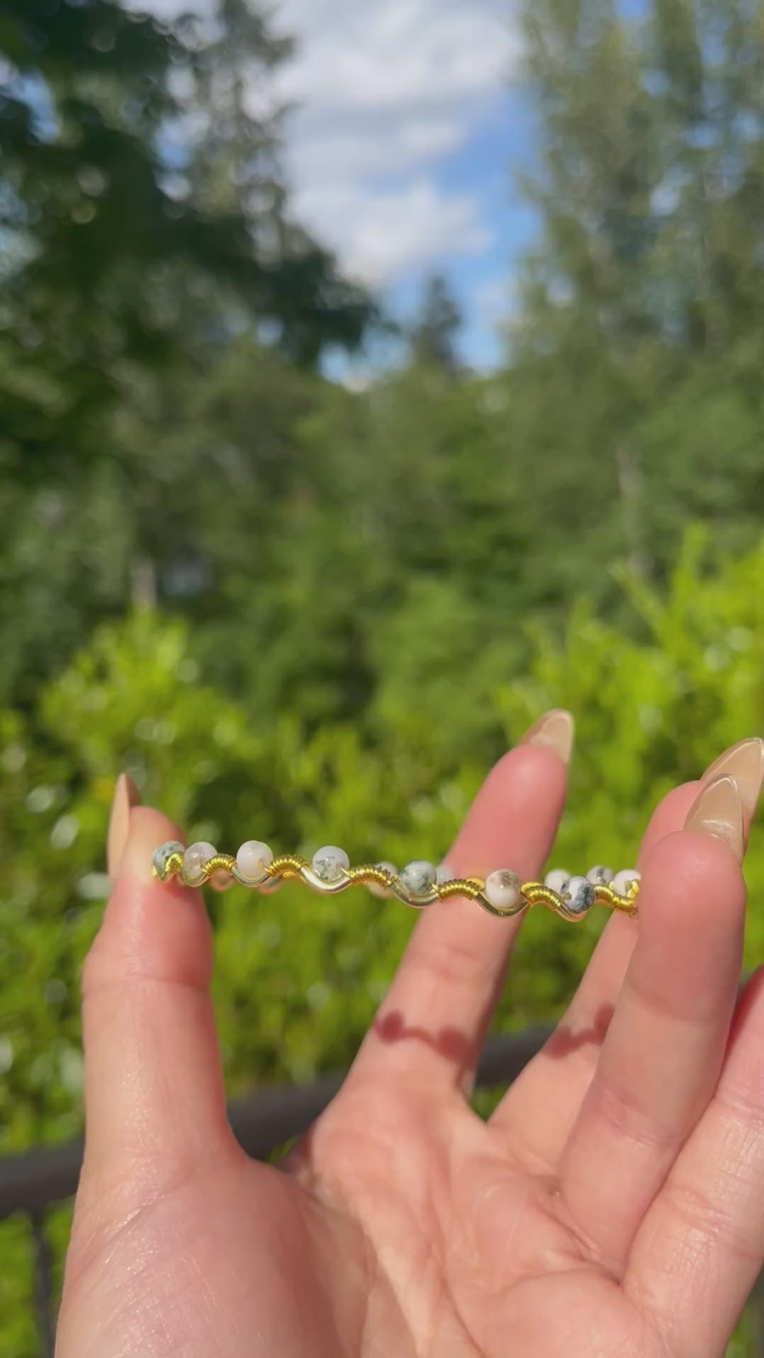 Handmade Gold Wire Moss Agate Bangle